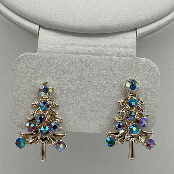 VTG Set Christmas Tree Brooch and Clip on Earrings Silver tone Multi Rhinestone - Picture 4 of 9